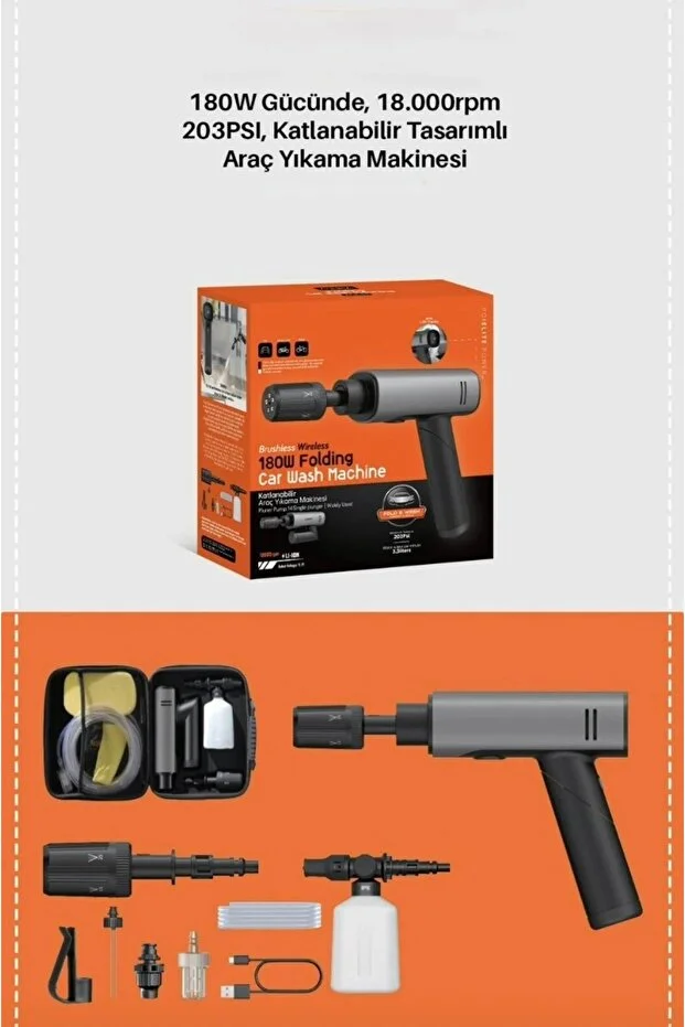 Katlanabilir Kablosuz Basınçlı 203PSI Araç Yıkama Makinesi 180W Taşınabilir Oto Yıkama Tabancası